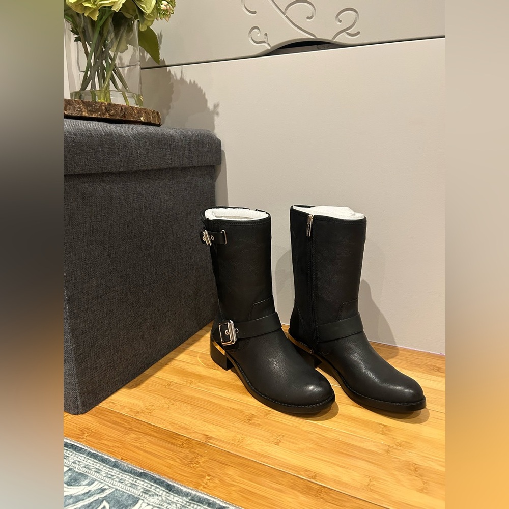 Vince Camuto Black Motorcycle Leather Boots with Gold Hardware, Size 7.5
